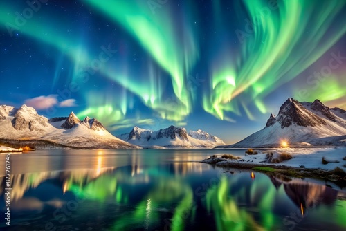 Experience the mesmerizing dance of the aurora against Norway's snow-capped mountains.