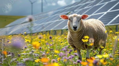 Sheep are standing in a wildflower-strewn meadow, with the backdrop of solar panels and wind turbines. Agrivoltaics concept that involves the shared use of land for solar parks and sheep