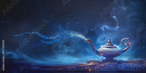 Magical Aladdin lamp releasing ethereal sparkling mist at night