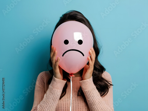 Mujer escondida detrás de un globo con una cara triste dibujada sobre fondo azul concepto de salud mental