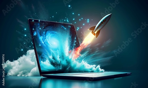 Rocket exiting laptop screen with abstract digital wave