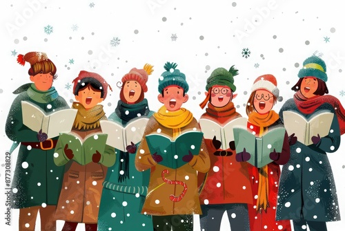 A group of cheerful people singing Christmas carols in the snow, wearing festive winter clothing and holding songbooks.