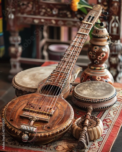 Close-up of a traditional Indian musical instrument, a sitar, with drums.