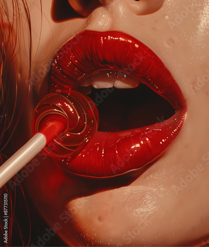 Close up of very large red lips, licking lollipop