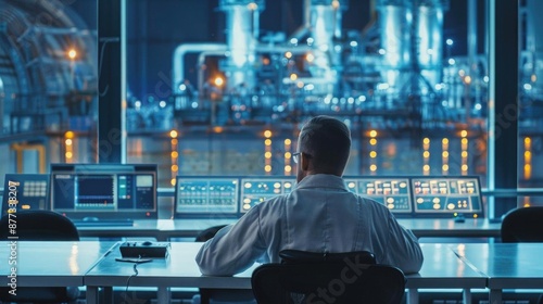 Engineer at nuclear power plant control room, managing systems, large reactors visible through glass windows