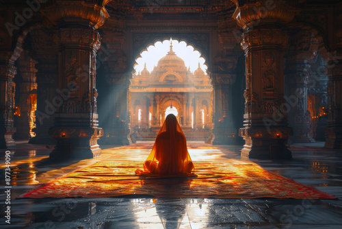 Rear view of a woman in a red sari praying at a temple entrance in the early morning light, with candles and detailed stonework adding to the peaceful atmosphere