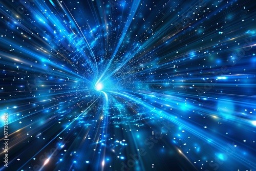 This 3D illustration shows wormhole interstellar travel through a blue force field with galaxies and stars, for the background of the space-time continuum