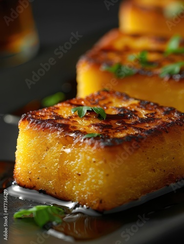 Close-up of golden brown, crispy cornbread squares with a drizzle of honey