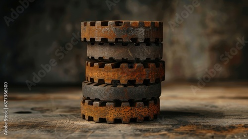 A close-up photograph featuring a stack of four rusted metal gears, placed on a weathered wooden surface, highlighting textures and industrial decay.