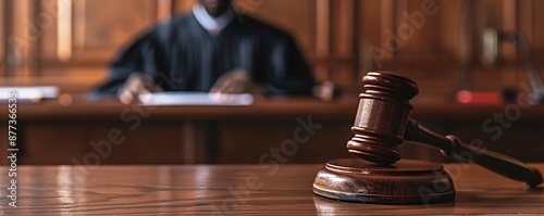 Wooden gavel laying on a desk with a judge presiding over a case in the background