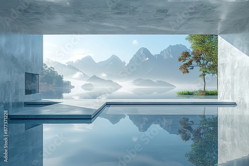 A large, empty swimming pool with a view of mountains