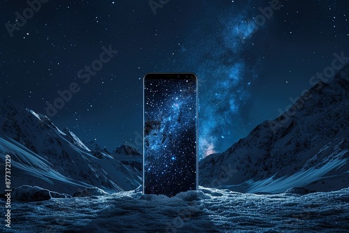 A phone is displayed in a snowy landscape with a starry sky above it