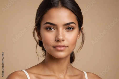 Portrait of young beautiful latin woman with perfect smooth skin over beige background.