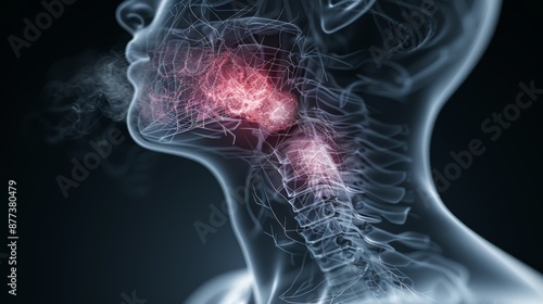 A medical illustration depicting the human throat, with the tonsils highlighted in red. The image emphasizes the importance of throat health.