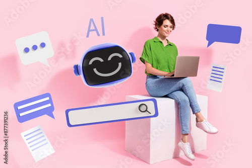 Composite artwork collage image picture of girl use laptop chat gpt ai robot isolated on creative background