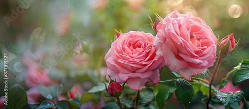 Two beautiful pink roses in full bloom with a blank space for an image. Copy space image. Place for adding text and design