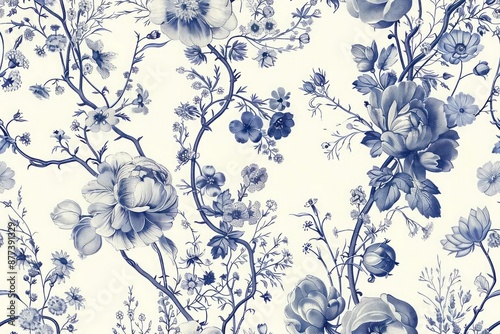 Toile De Jouy vintage floral pattern featuring delicate florals wildflowers and romantic motifs