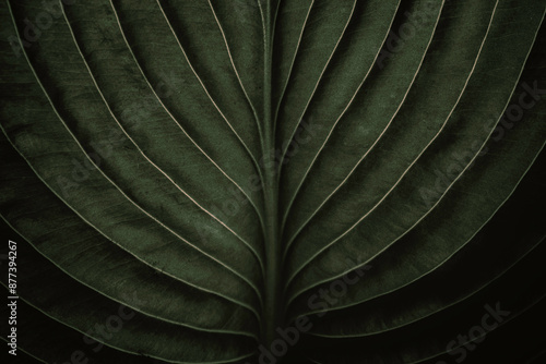 Closeup macro of exotic sage green tropical jungle leaf with veins texture , stylized earthy moody natural background with copy space