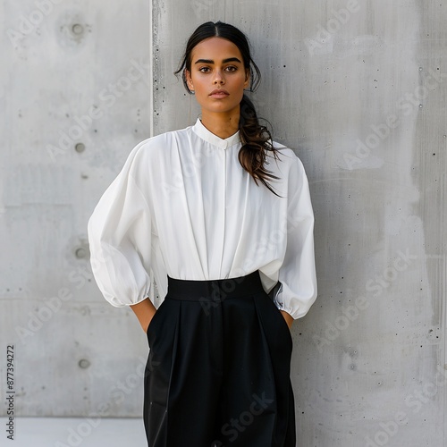 1. A woman in a modern, minimalist outfit, featuring a sleek white blouse tucked into high-waisted black trousers, standing against a clean, urban backdrop