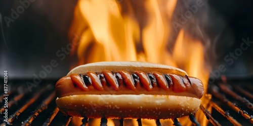 Hot dog sizzles on grill flames lick juices burst aroma fills air. Concept Barbecue, Grilling, Food, Cooking, Summer