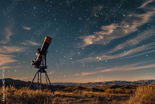 Powerful telescope set up in an open field with an astronomer looking through it excitement and dedication of stargazing and astronomical observation