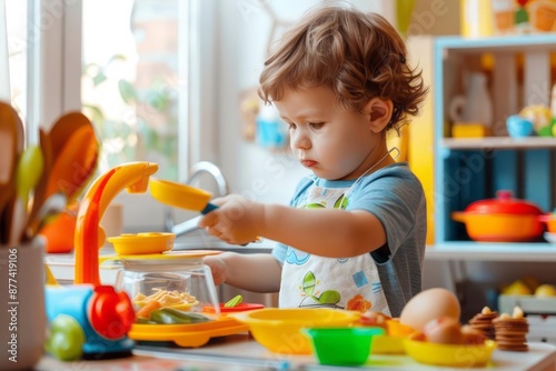 Child playing with a toy kitchen set pretending to cook and serve meals role playing and life skills practiced through imaginative play