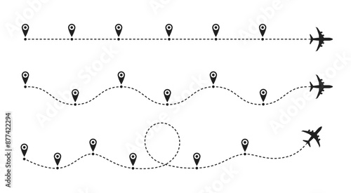 Timeline plane route. Flight paths with dashed line and airplane icons, roadmap infographic and travel path routes with location pin markers vector set. Journey trace business infographics chart.