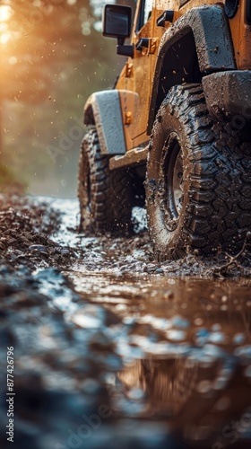 Close-up of a rugged off-road vehicle navigating a muddy terrain at sunset, showcasing the adventure and thrill of off-road driving.