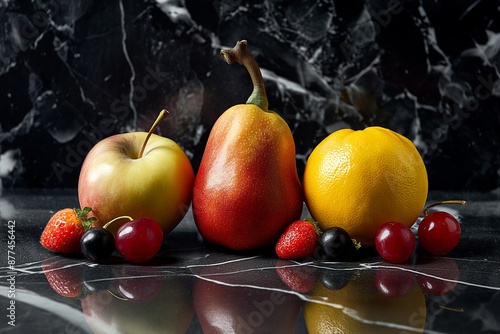 An apple, pear, and an orange are artistically arranged with strawberries and cherries on a marble background. Elegant.