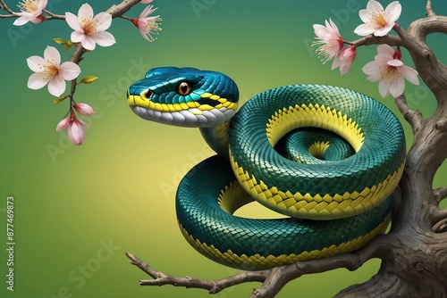 Green snake on Sakura tree. Symbol of Chinese zodiac. Happy New Year Chinese Snake 2025