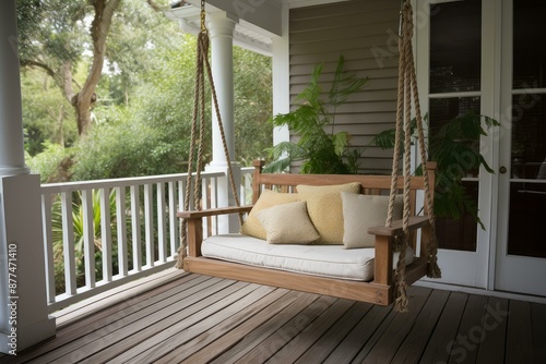 Wooden porch swing with cushions on a serene house veranda, surrounded by greenery