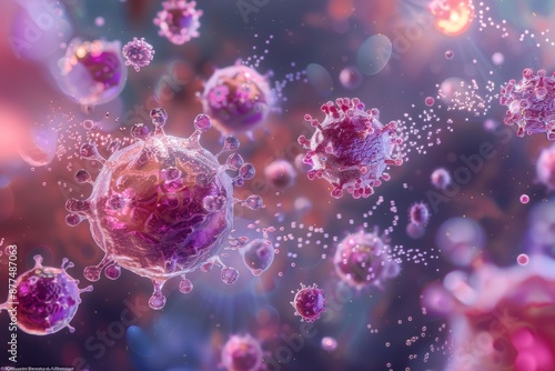 Digital rendering of white blood cells releasing interferons to inhibit viral replication and activate immune responses against virus cells.