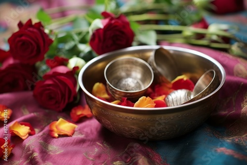 Resonant Tibetan singing bowl roses. Sound vibration object petals healing. Generate Ai