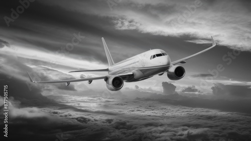 A large jetliner flying through the clouds in a black and white photo, AI