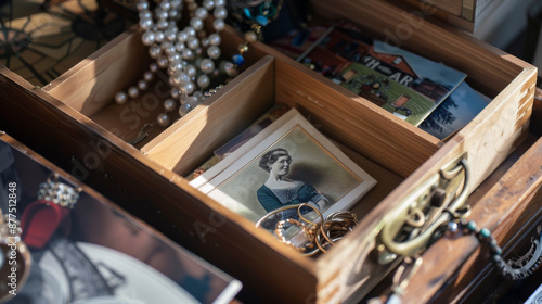 An antique wooden box containing a vintage photograph, jewelry, and postcards captures nostalgic memories and treasured keepsakes.