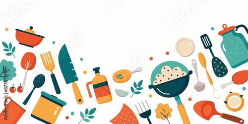 Randomly arranged kitchen utensils and food items created dadaist art piece on white background to highlight the beauty of chaos in culinary arts., culinary art, random