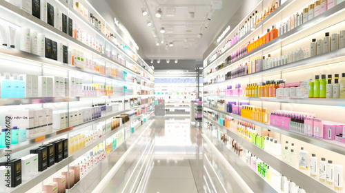 A brightly lit, modern beauty aisle in a store, showcasing neatly organized skincare and haircare products in a spectrum of vibrant colors.