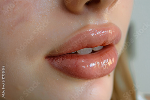 Large plump lips of woman with Hyaluronic acid beauty fillers