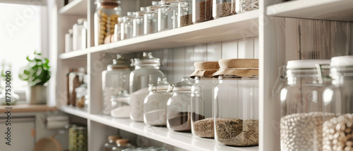 Neatly organized shelves in a kitchen pantry displaying various jars filled with grains, pulses, and condiments, evoking a sense of tidiness and homeliness.