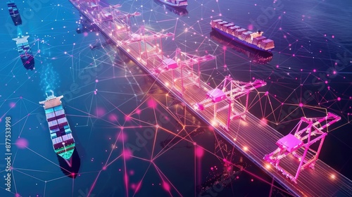 Global network map with container ships and ports highlighted, vibrant graphics, network, international logistics