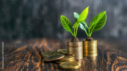 Investment success concept with a plant sprouting from savings coins, representing the accumulation of wealth over time, [plant growing in savings coins], [investment success]