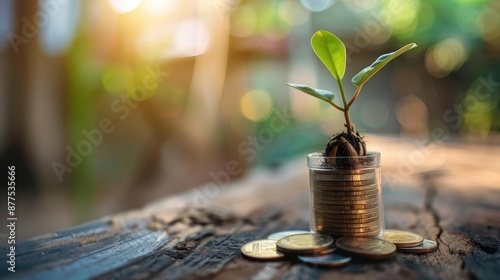 Investment success concept with a plant sprouting from savings coins, representing the accumulation of wealth over time, [plant growing in savings coins], [investment success]