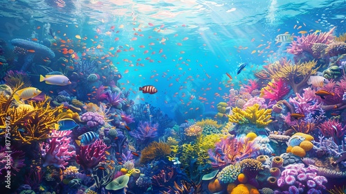 Tropical fish wildlife on coral reef, colorful sea scene.