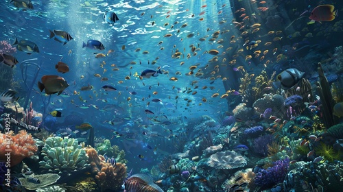 Underwater world: tropical fish against the backdrop of a coral reef.