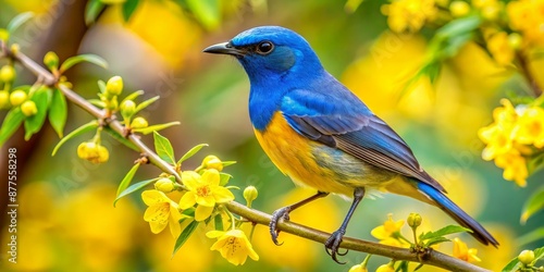 Blue and Yellow Bird Perched on a Branch of Yellow Flowers, Nature, Wildlife, Bird Photography, Avian