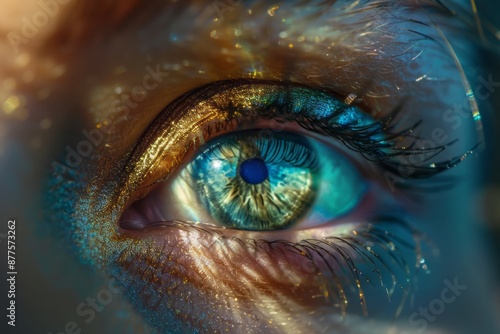 A macro shot of an eye with vibrant, colored contact lenses, perfect for a fashion or beauty ad.