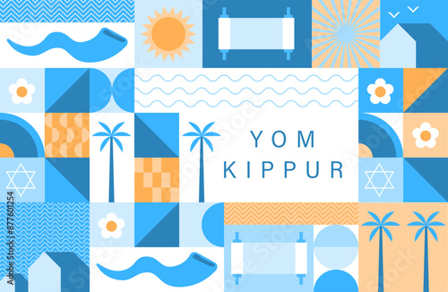 Jewish holiday, Yom Kippur background, banner, flat geometric style. Day of Atonement and Shofar horn. Yom Kippur concept design