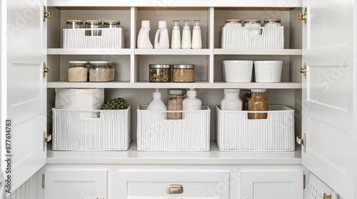 A kitchen pantry shelf with three white baskets filled with various food items, including jars of dried goods, paper bags, and bottles of oil