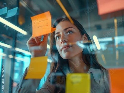 A woman holds a post-it note in front of a window, possibly jotting down notes or reminders