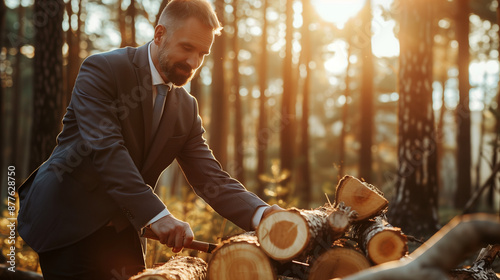 business man in suit cutting wood in forest